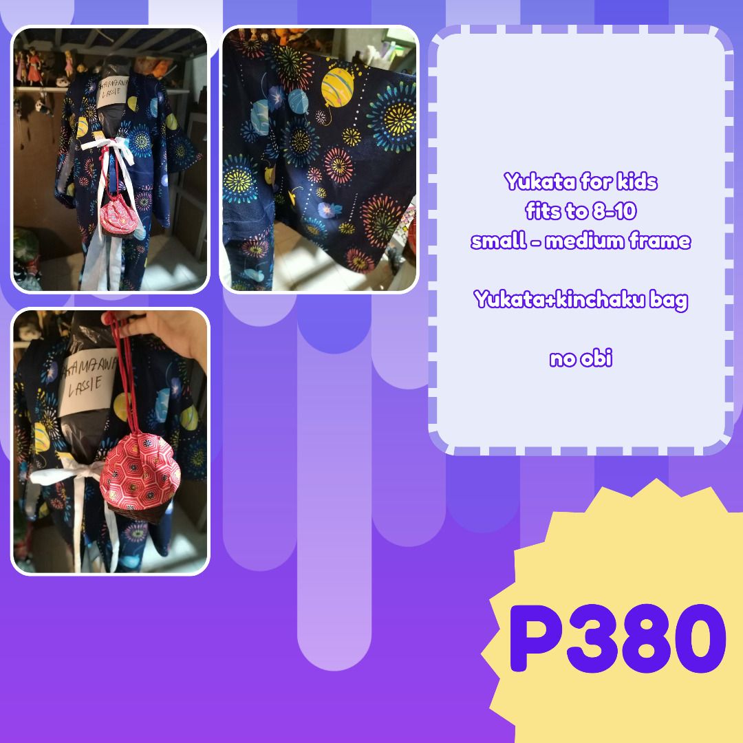 Kids Yukata/Kimono Set (Category: Babies & Kids Fashion) located in Calamba. Submitted by yumiyowww (Listing ID 1465549001, Image 1). Description: - Dark blue kids yukata featuring vibrant fireworks and planetary prints - Fits ages 8 to 10 years old (small to medium frame) - Includes a matching red patterned kinchaku drawstring bag - Important: Obi belt is NOT included - Ideal for traditional Japanese summer festivals, cultural events, or costume