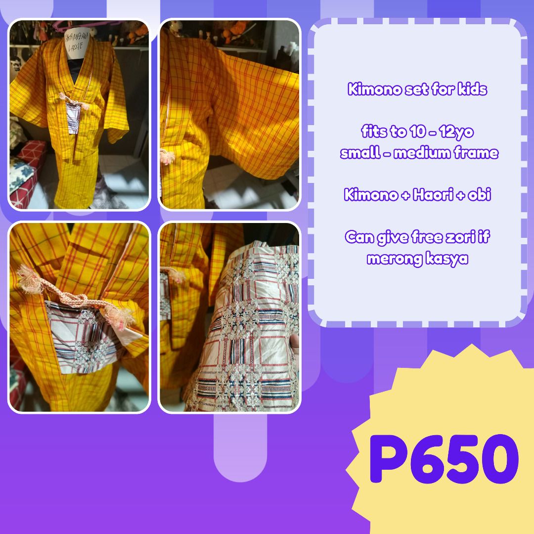 Kids Yukata/Kimono Set (Category: Babies & Kids Fashion) located in Calamba. Submitted by yumiyowww (Listing ID 1465549001, Image 2). Description: - Dark blue kids yukata featuring vibrant fireworks and planetary prints - Fits ages 8 to 10 years old (small to medium frame) - Includes a matching red patterned kinchaku drawstring bag - Important: Obi belt is NOT included - Ideal for traditional Japanese summer festivals, cultural events, or costume