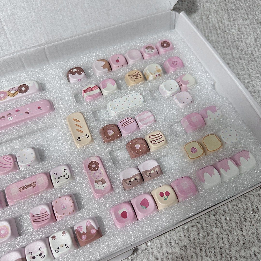 KiiBOOM MOA Dough Fluff Keycaps Set (Category: Computer Keyboard) located in Paranaque City. Submitted by hershey_august (Listing ID 1465399902, Image 3). Description: - Brand new, never used KiiBOOM Dough Fluff mechanical keyboard keycaps - Adorable sweet treats theme with strawberries, donuts, ice cream, and bear graphics - Aesthetic pink, brown, and cream color palette - Complete layout stored safely in original foam tray - Comes with original