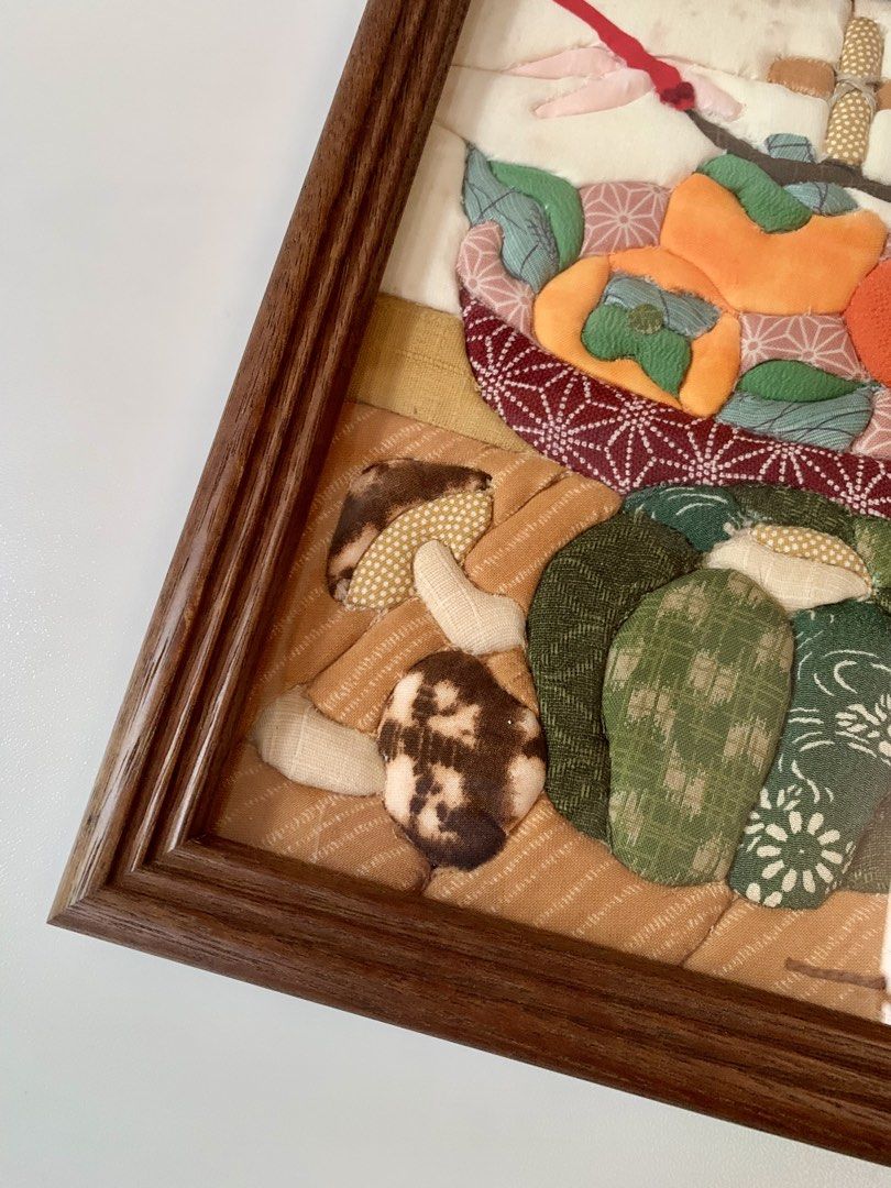 Kimekomi Patchwork or Fabric Art Piece (Category: Frames & Pictures) located in Tandag. Submitted by jeason_22 (Listing ID 1465424914, Image 2). Description: a Japanese traditional fabric art piece, resembling a Kimekomi Patchwork or oshie (raised fabric picture) featuring an autumn harvest theme with a basket of persimmons, a pumpkin, eggplant, and mushrooms. Technique: It is made using the kimekomi method, where small pieces of fabric (like cot