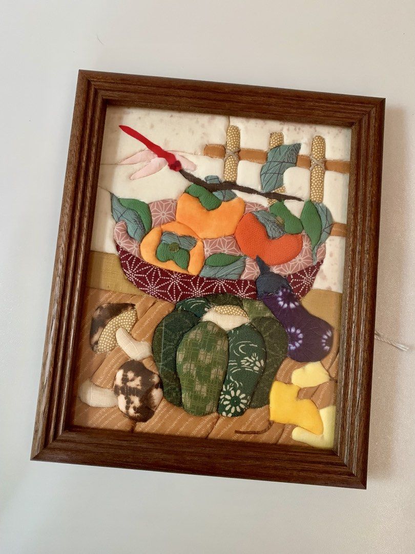 Kimekomi Patchwork or Fabric Art Piece (Category: Frames & Pictures) located in Tandag. Submitted by jeason_22 (Listing ID 1465424914, Image 1). Description: a Japanese traditional fabric art piece, resembling a Kimekomi Patchwork or oshie (raised fabric picture) featuring an autumn harvest theme with a basket of persimmons, a pumpkin, eggplant, and mushrooms. Technique: It is made using the kimekomi method, where small pieces of fabric (like cot