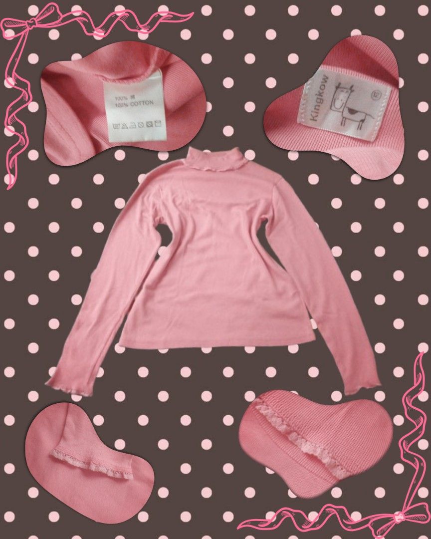 Kingkow Pink Cotton Turtleneck Long Sleeve (Category: Longsleeves) located in Caloocan City. Submitted by clothesforchuu (Listing ID 1465533593, Image 1). Description: - Brand: Kingkow - Size: 12 (Tag attached) - Material: 100% cotton ribbed knit - Color: Pink - Details: Cute ruffled hem on collar and sleeves - Style: Girly, perfect basic piece for layering.