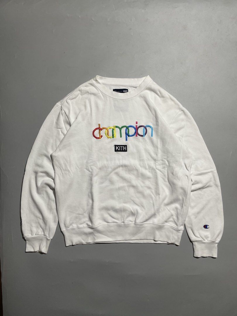 Kith x Champion White Embroidered Logo Sweatshirt (Category: Coats, Jackets and Outerwear) located in Taguig. Submitted by sellnbustle (Listing ID 1465477996, Image 1). Description: Kith x Champion White Embroidered Logo Sweatshirt Size 2XL Fit to large only 22x25 Very good condition Need wash only.