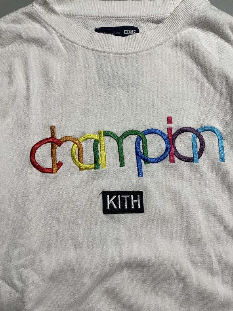 Kith x Champion White Embroidered Logo Sweatshirt (Category: Coats, Jackets and Outerwear) located in Taguig. Submitted by sellnbustle (Listing ID 1465477996, Image 2). Description: Kith x Champion White Embroidered Logo Sweatshirt Size 2XL Fit to large only 22x25 Very good condition Need wash only.