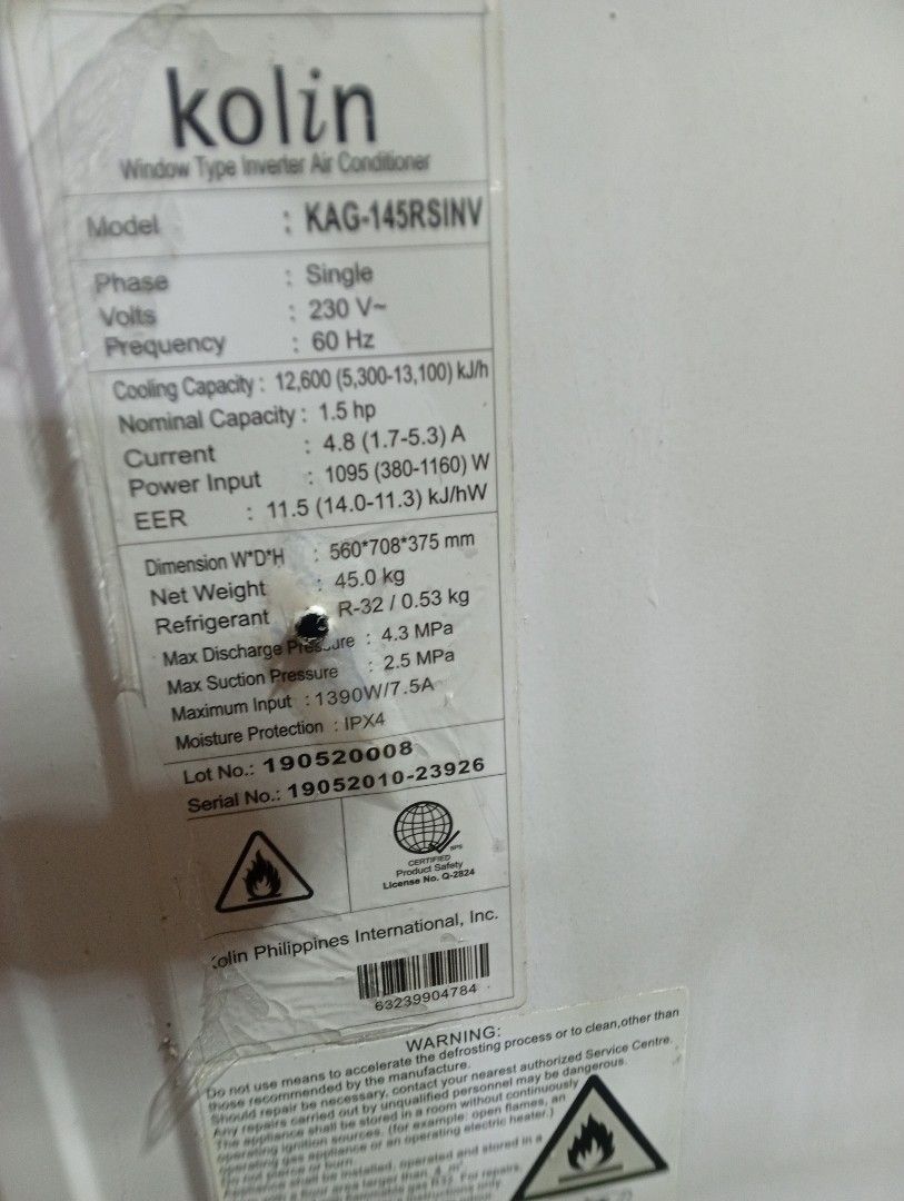 Kolin 1.5hp full inverter (Category: Air Conditioning and Heating) located in Manila. Submitted by jov2424 (Listing ID 1465480193, Image 3). Description: no history of repair cod . pwede pick up qc location.