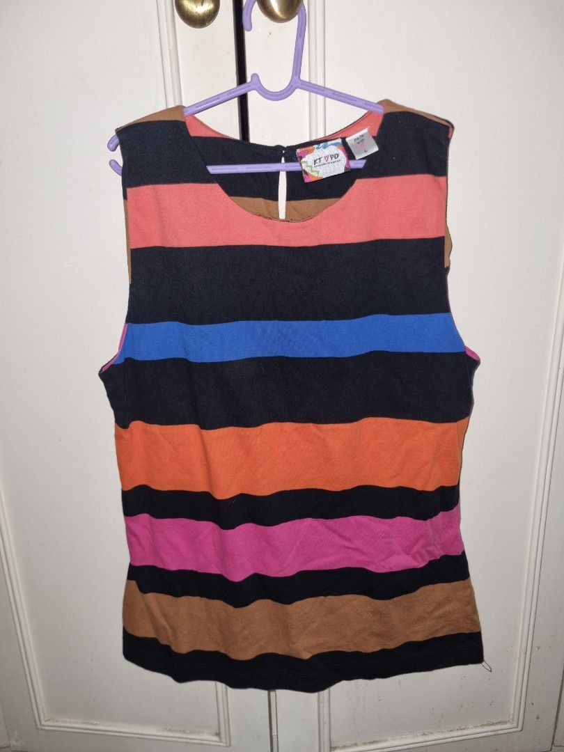 KT VPD Multicolor Striped Sleeveless Tank Top Size Medium (Category: Sleeveless) located in Manila. Submitted by funbagslove (Listing ID 1465505549, Image 1). Description: - Brand: KT VPD - Size: L (Tag attached) *Good for Small to Medium - Design: Vibrant horizontal stripes in coral, black, royal blue, orange, pink, and brown - Neckline: Round neck with back keyhole cutout and button closure - Material: Soft, stretchy cotton - Condition: Excelle