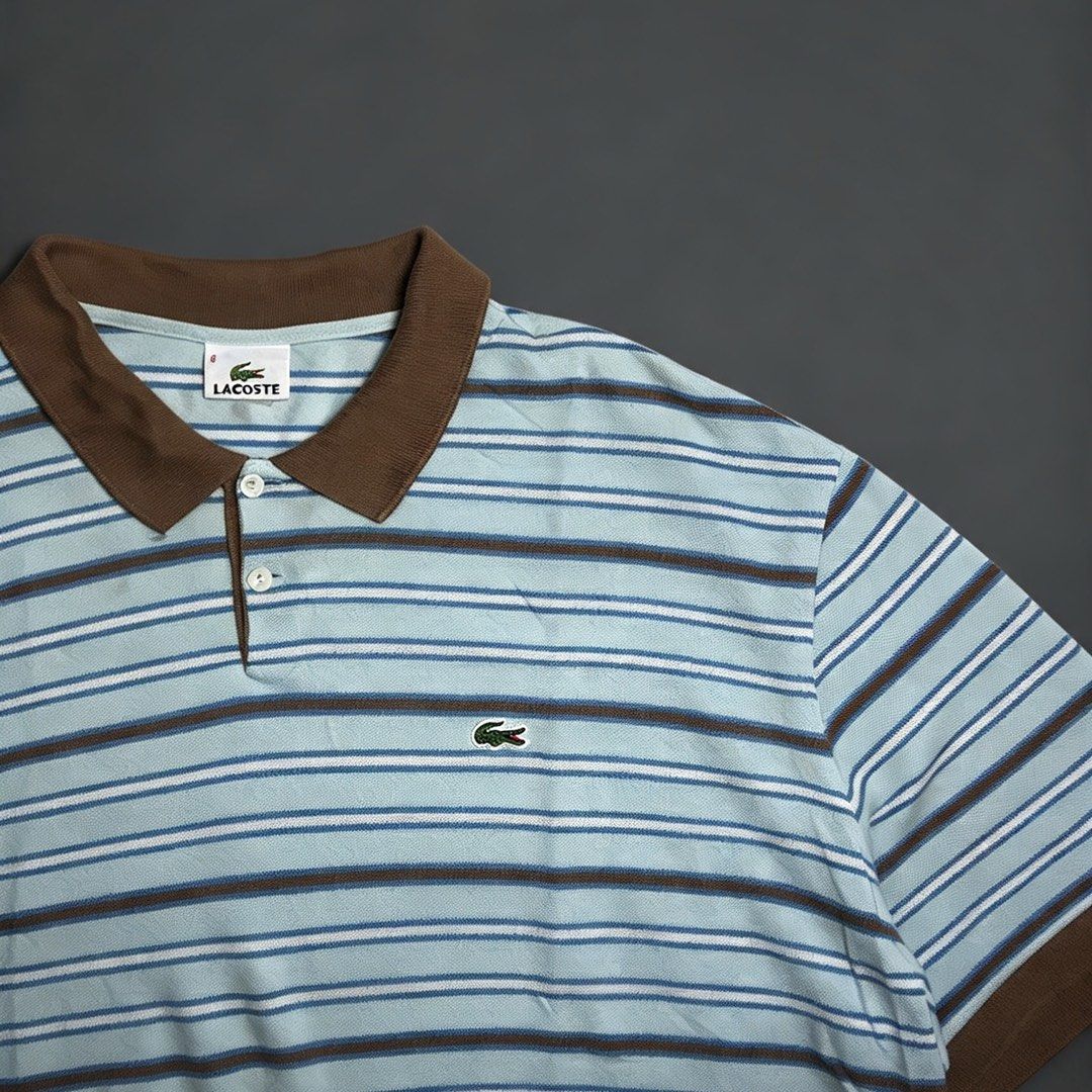 Lacoste light blue striped (Category: Tshirts & Polo Shirts ) located in Taguig. Submitted by amboyfiggah (Listing ID 1465511600, Image 2). Description: Lacsote Light Blue Striped Size 8 Fits L to XL W: 27 L: 29 Condition: 9/10 No issue Need wash .