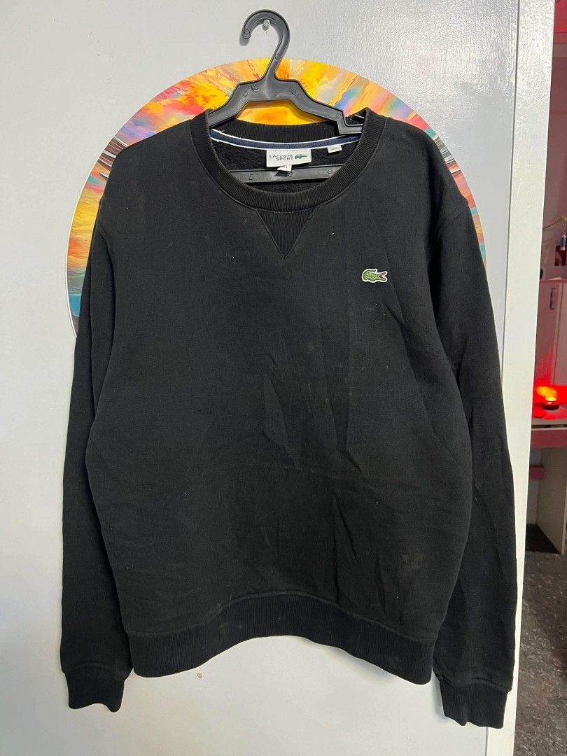 Lacoste Sport Black Sweatshirt (Category: Coats, Jackets and Outerwear) located in General Santos City (Dadiangas). Submitted by rexthegreat (Listing ID 1465425829, Image 1). Description: - Brand: Lacoste Sport - Item: Crewneck Sweatshirt - Color: Black with blue/white interior neck tape - Size: US Small (S) - Material: Standard cotton fleece - Details: Iconic embroidered crocodile logo on chest, ribbed V-inset at collar, cuffs, and hem - Origin: