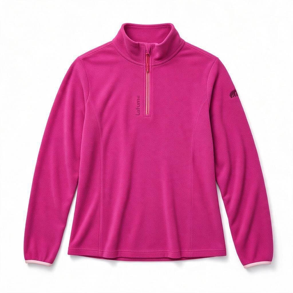 Lafuma pink quarter-zip fleece jacket size M (Category: Coats, Jackets and Outerwear) located in Saravia. Submitted by foundandfavedbcd (Listing ID 1465533697, Image 1). Description: - Brand: Lafuma - Color: Pink with light pink trim - Size: M (Tag) - Material: Cozy fleece - Features: Quarter-zip closure, high collar, logo graphic on sleeve, and branded text on zipper - Condition: Great pre-loved condition - Origin: Made in Indonesia.