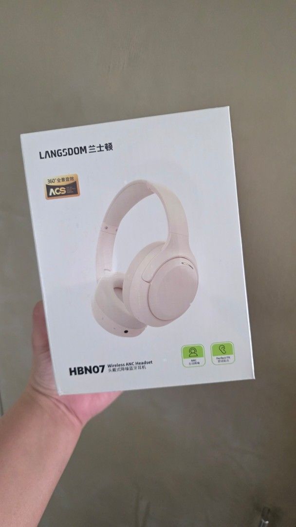 LANGSDOM HBN07 Wireless ANC Headphone (Category: Headphones & Headsets) located in Manila. Submitted by jms_shopping (Listing ID 1465435910, Image 1). Description: - Brand: LANGSDOM HBN07 Wireless Headphones - Color: Beige or Black - Condition: Brand new, still sealed in original plastic wrap - Active Noise Cancellation (ANC) built-in - Deep and rich Extra Bass sound quality - Good battery life - See specifications at the back of the box.
