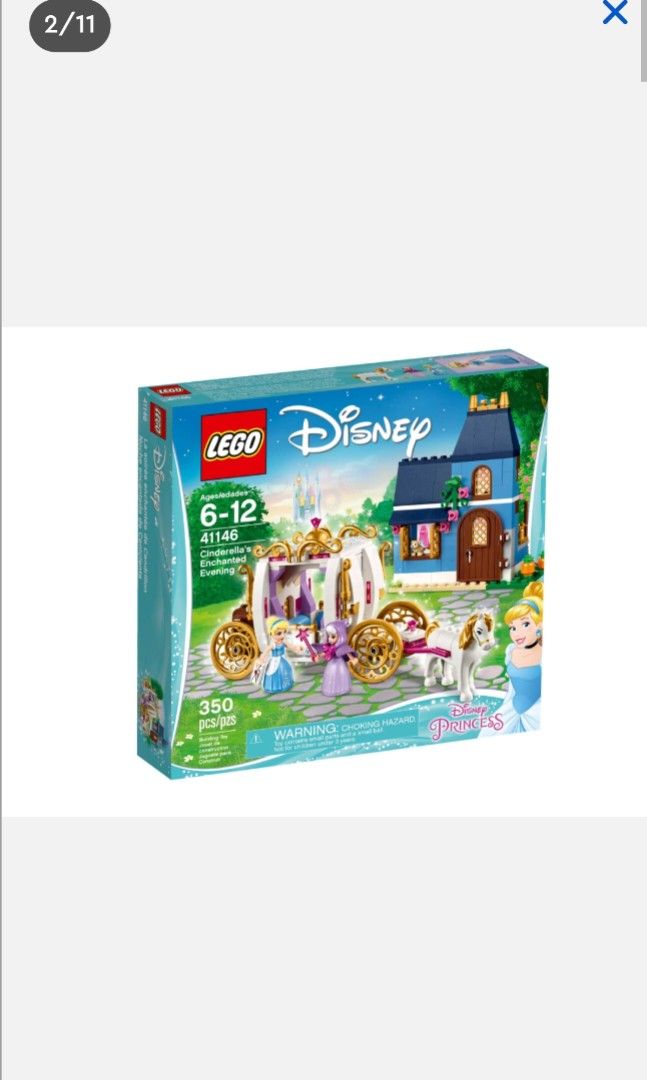 LEGO 41146 Disney Cinderella's Enchanted Evening (Category: Lego & Building Sets) located in Quezon City. Submitted by 8elc8 (Listing ID 1465577069, Image 1). Description: - LEGO Disney Princess set 41146: Cinderella's Enchanted Evening -authentic Lego brandnew and sealed, retired product - 350 pieces - Includes Cinderella in rags and gown plus fairy godmother mini-doll figures, plus a white horse - Features a buildable carriage with opening door