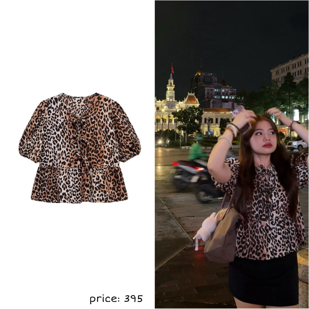 Leopard Print Puff Sleeve Bow Tie Peplum Blouse (Category: Blouses) located in Quezon City. Submitted by eira_arie (Listing ID 1465400929, Image 1). Description: - Trendy leopard print short sleeve top - Features cute puff sleeves and a flattering tiered peplum hem - Unique three ribbon tie closures down the front - Crafted from soft and comfortable fabric - Versatile piece, easy to style with a black skirt or jeans - Great statement piece for go