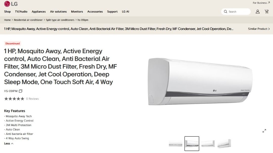 LG Inverter V 1HP split type aircon (Category: Air Conditioning and Heating) located in Makati City. Submitted by accph888 (Listing ID 1465470878, Image 2). Description: Call or text at 0/9/4/2/5/4/5/7/8/6/8 For sale only - No Swap Specs: Cooling Capacity: 9,917 Kj/h Energy Efficiency Ratio (EER): 15.8 Kj/h.W Power Input: 627 Watts Issue - Naistock po ito ng 1 year hindi nagamit because vacant ang room. When we tested it gumagana pero walang lami