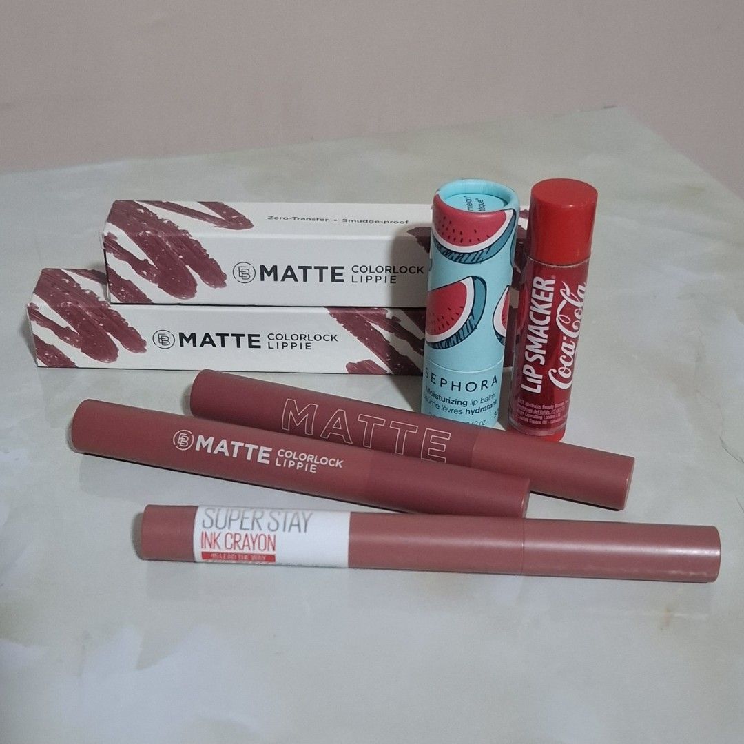 Lip bundle EB Matte, Maybelline, Sephora, Lip Smacker (Category: Makeup) located in Iloilo. Submitted by mgu.shoppe_ph (Listing ID 1465463646, Image 1). Description: 7 pcs Used Take all Maybelline Ink Crayon (Lead the way) Maybelline Ultimatte (More Buff) New Maybelline Serum lipstick (coffee run) Ever Bilena (Exposed) Ever Bilena (Obssessed) Sephora lipbalm (Watermelon) lip Smacker.