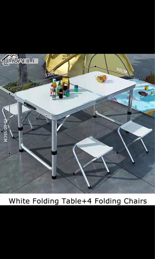 LIVABLE White Folding Table with 4 Chairs 120x60cm (Category: Tables & Sets) located in Malabon City. Submitted by tinxoxo (Listing ID 1465474989, Image 1). Description: BRANDNEW NEVER BEEN USED WITH BOX - Complete set: 1 foldable table and 4 matching stools - Adjustable table height: 55cm to 70cm (Table size: 120cm x 60cm) - Lightweight and durable aluminium frame construction - Folds flat into a compact, easy-to-carry case - Ideal for outdoor c