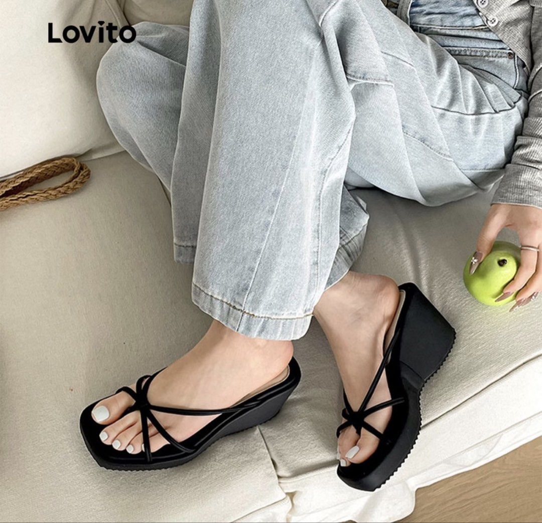 Lovito Black Square Toe Strappy Wedge Sandals (Category: Wedges) located in Manila. Submitted by _foryou (Listing ID 1465403546, Image 3). Description: - Brand: Lovito - Color: Black - Style: Strappy wedge sandals with slip-on design - Details: Square open toe and cute front knot detail - Heel: Chunky wedge for added height and comfort - Condition: Excellent, clean soles and insoles with no scuffs or marks - Photos: Real photos of the actual item