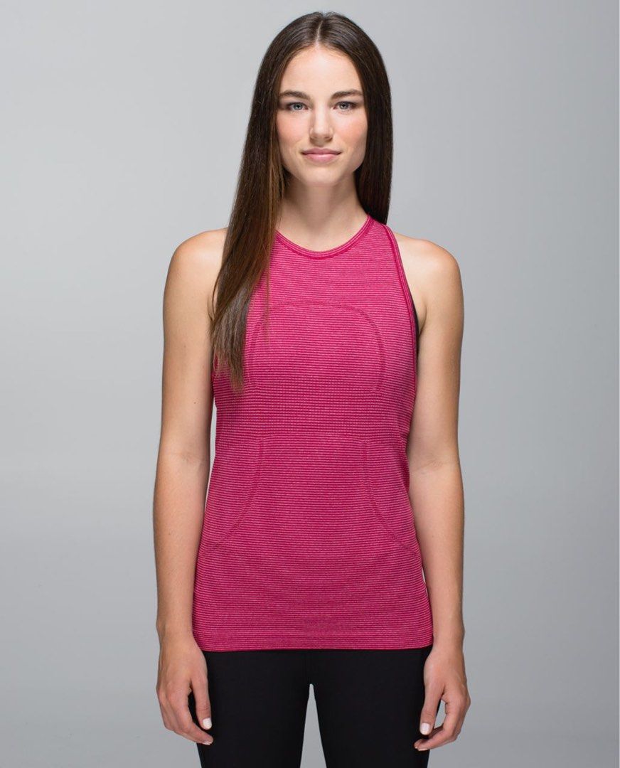 Lululemon Run Swiftly Tech Tank siz e4 (Category: Activewear) located in Rosales. Submitted by dariang22 (Listing ID 1465410131, Image 1). Description: - Brand: Lululemon - Style: Swiftly Tech Tank Top - Color: Pink heathered stripes - Design: Racerback, high neckline, and subtle reflective silver logo at the back - Fabric: Breathable, seamless athletic knit for maximum cooling.