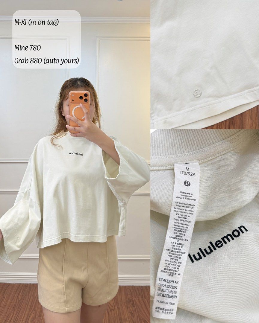 Lululemon White Long Sleeve Crop Top Size M (Category: Longsleeves) located in Manila. Submitted by angelll0123 (Listing ID 1465400192, Image 1). Description: - Brand: Lululemon - Color: Classic White - Fit: Relaxed, oversized, and cropped (Tagged Size M, fits M to XL comfortably) - Material: 100% breathable cotton body - Details: Subtle black Lululemon text under the neckline & iconic silver metal logo coin near the hem - Origin: Made in Cambodi