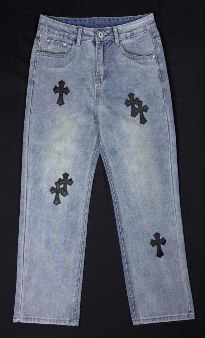 Madcow Cross Patch Light Wash Denim Jeans (Category: Jeans) located in Bacoor. Submitted by calvinmanzano13 (Listing ID 1465440151, Image 1). Description: - L = 40.5” | W = 31” - Style: Straight leg light wash denim jeans - Detailing: Black faux leather cross patches on front and back with clean edges - Hardware: Madcow branded waist button closure - Functionality: Standard front and back pocket styling Notes: ☑️ Hand washed ☑️ Polished ☑️ Steam 