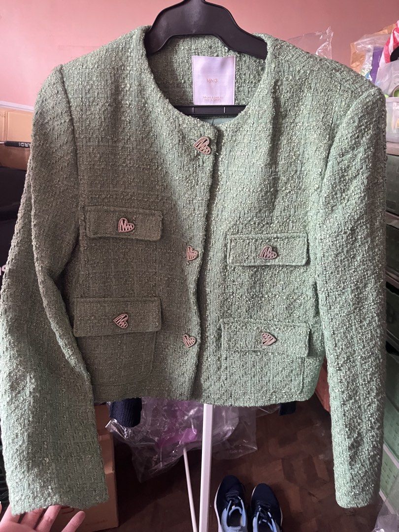 MANGO green tweed heart button blazer (Category: Coats, Jackets and Outerwear) located in Manila. Submitted by justshop.ph (Listing ID 1465545124, Image 2). Description: never used removed tags.