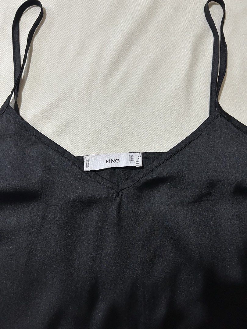 MANGO (MNG) black satin v-neck cami top (Category: Sleeveless) located in Pagadian. Submitted by yowna_declutters (Listing ID 1465443827, Image 2). Description: good as new | small on tag — loc: pagadian city, mindanao payment first.