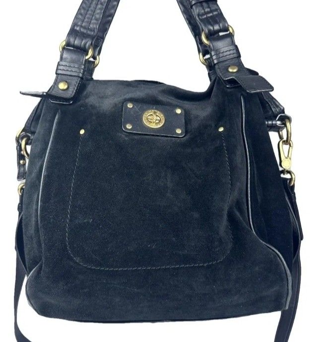 Marc by Marc Jacobs Black Suede Shoulder Bag (Category: Cross-body Bags) located in Manila. Submitted by lene48 (Listing ID 1465497454, Image 1). Description: - Material: Premium black suede with elegant gold-tone hardware - Design: Structured top handles and a convenient front pocket with turn-lock closure - Interior: Signature black and cream monogram fabric lining with a secure zippered pocket - Closure: Top zipper closure to keep your belongi