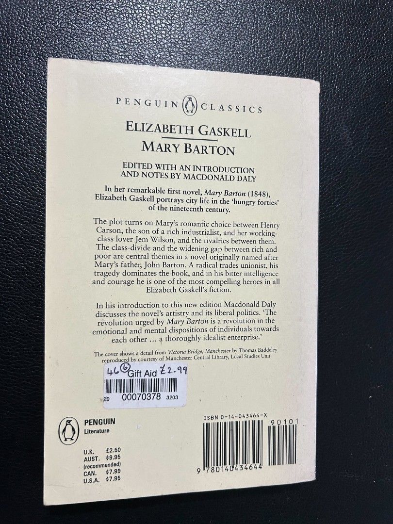Mary Barton by Elizabeth Gaskell Penguin Classics (Category: Storybooks) located in San Isidro. Submitted by cahel.ii (Listing ID 1465388918, Image 2). Description: PAYMENT FIRST ONLY. No COD/COP. GCash & J&T only. 📌 All books are preloved and authentic (please expect some tanning and signs of wear). 📌 All books have complete and original pages. 📌 No writings or markings 📍 Location: Tarlac City, Tarlac Thank you!.