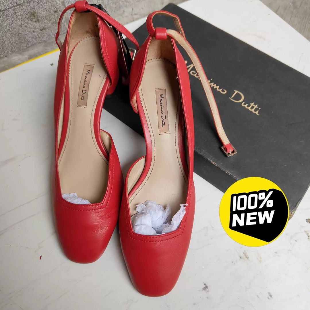 Massimo Dutti Sandals EU 37 | MD-1041532345279 (Category: Heels) located in Paranaque City. Submitted by silverphoenix.00302e (Listing ID 1465448528, Image 1). Description: - Brand: Massimo Dutti - Size: EU 37 - Material: Bright red leather - Style: Chunky low heel with ankle strap - Packaging: Comes with original black shoebox - Condition: Minor peeling inside near the brand tag (see photos); soles and heels show minimal wear.