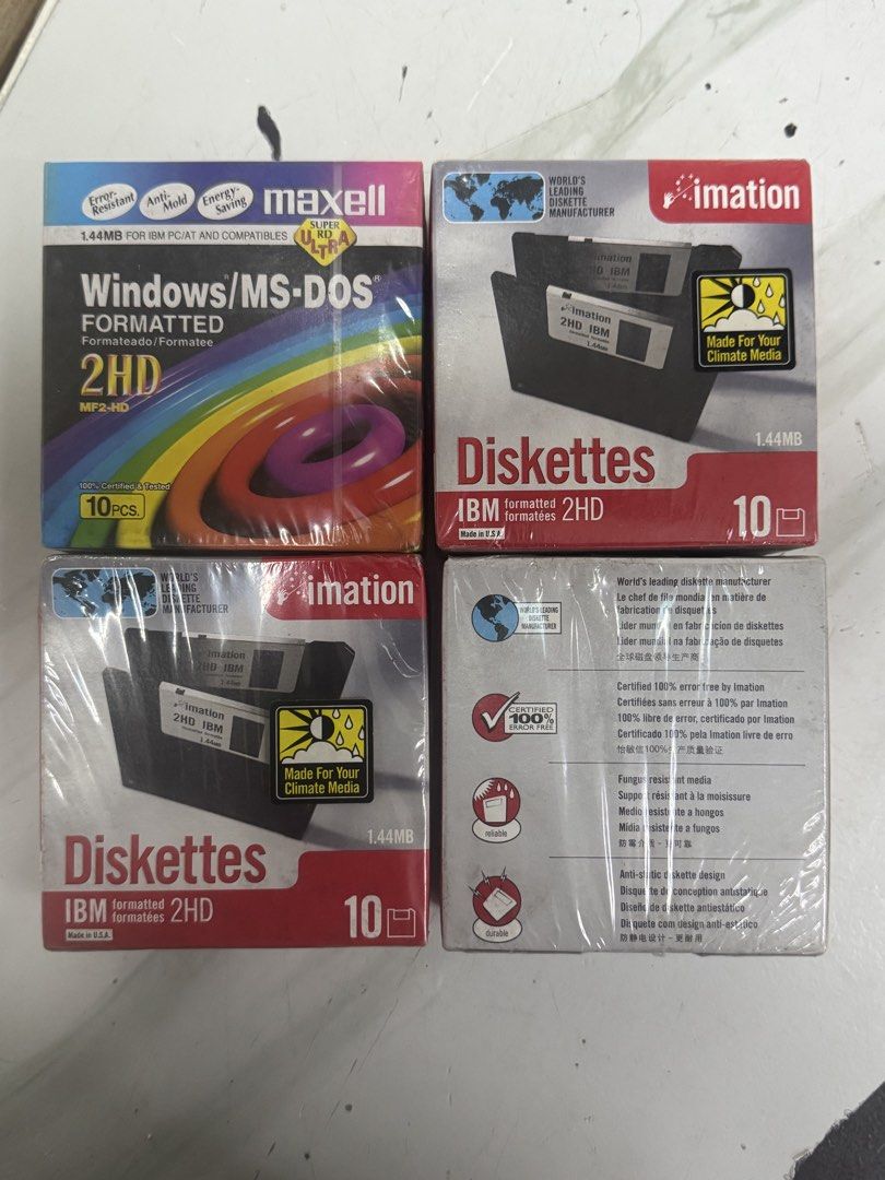 Maxell and Imation 3.5 Inch Floppy Diskettes 4-Pack (Category: Hard Disks & Thumbdrives) located in Manila. Submitted by missykongs (Listing ID 1465430746, Image 2). Description: - Bundle of 4 unopened floppy diskette boxes with plastic wrapping still intact - Includes 1 Maxell Windows/MS-DOS formatted 2HD pack and 3 Imation IBM formatted 2HD packs - Each box contains 10 pieces of 1.44MB capacity disks (40 disks total) - Ideal for retro computing