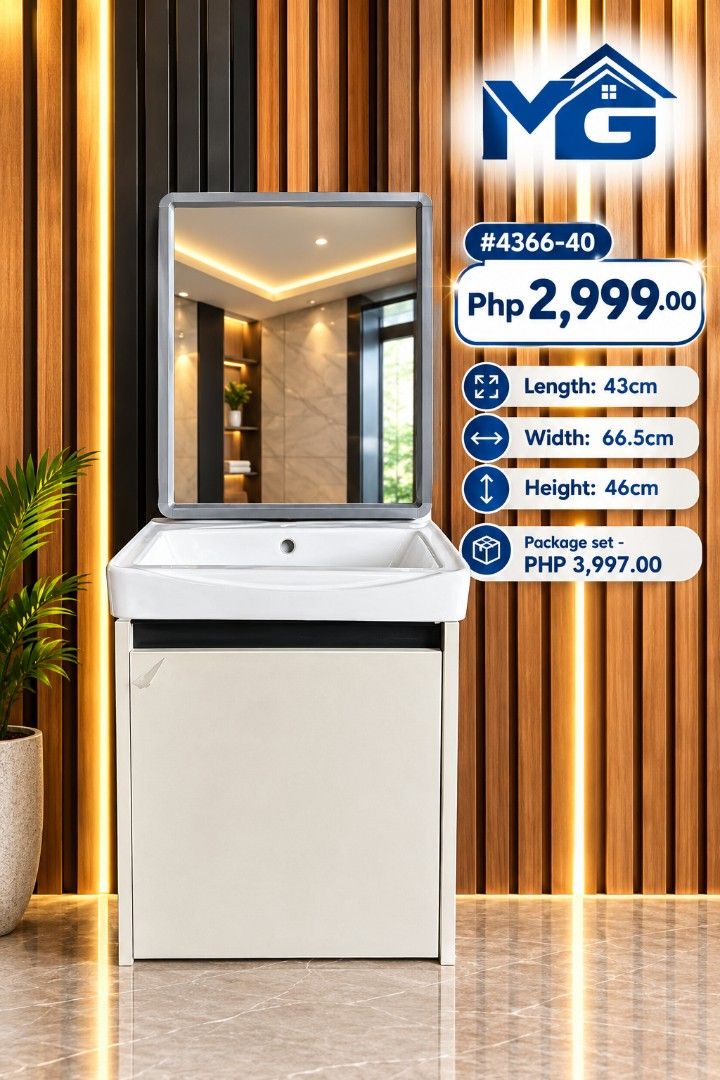 MG Bathroom Vanity Sink With Mirror Code 5036 (Category: Bathroom & Kitchen Fixtures) located in Manila. Submitted by mg_buildmart01 (Listing ID 1465416678, Image 3). Description: - Complete set: Includes sink cabinet, mirror, and chrome faucet - Dimensions: 50cm (L) x 36cm (W), ideal for compact spaces - Design: Elegant marble-pattern finish with a convenient open lower shelf - Basin: Clean, modern white ceramic top.