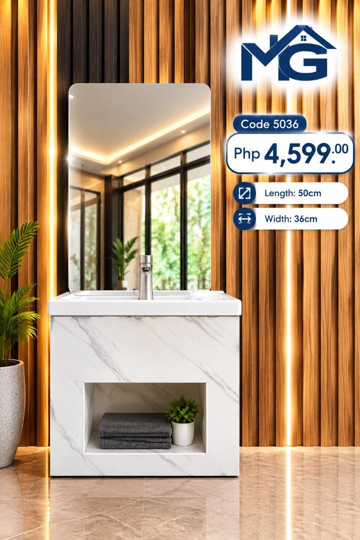 MG Bathroom Vanity Sink With Mirror Code 5036 (Category: Bathroom & Kitchen Fixtures) located in Manila. Submitted by mg_buildmart01 (Listing ID 1465416678, Image 1). Description: - Complete set: Includes sink cabinet, mirror, and chrome faucet - Dimensions: 50cm (L) x 36cm (W), ideal for compact spaces - Design: Elegant marble-pattern finish with a convenient open lower shelf - Basin: Clean, modern white ceramic top.