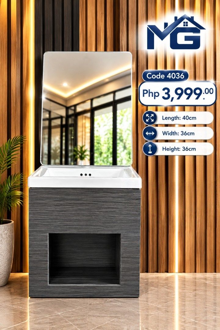 MG Bathroom Vanity Sink With Mirror Code 5036 (Category: Bathroom & Kitchen Fixtures) located in Manila. Submitted by mg_buildmart01 (Listing ID 1465416678, Image 2). Description: - Complete set: Includes sink cabinet, mirror, and chrome faucet - Dimensions: 50cm (L) x 36cm (W), ideal for compact spaces - Design: Elegant marble-pattern finish with a convenient open lower shelf - Basin: Clean, modern white ceramic top.