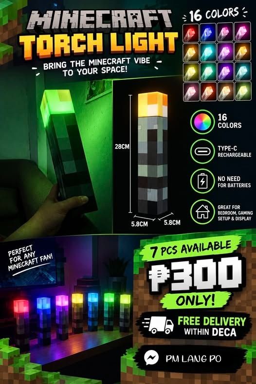 Minecraft Torchlight (Category: Kids Toys) located in Caloocan City. Submitted by vanillacokezero (Listing ID 1465562290, Image 1). Description: ✨ 16 COLORS 🔌 Type-C Rechargeable 🔋 No need for batteries 💡 Great for bedroom, gaming setup & display 📏 Approx. 28cm tall 📦 7 PCS AVAILABLE.