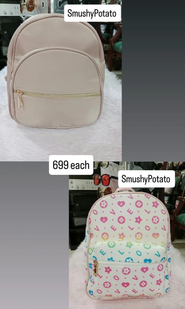 mini backpacks featuring a solid beige design and a multicolor love/heart patterned design, (Category: Backpacks) located in Antipolo. Submitted by smushypotatoo (Listing ID 1465529031, Image 1). Description: .