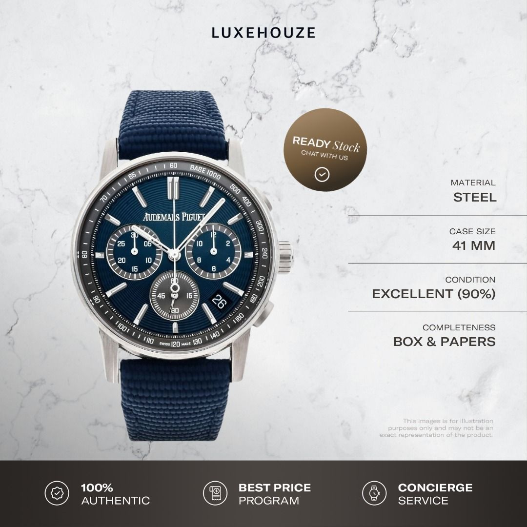 Mint 2023 Audemars Piguet Code 11.59 26393ST.OO.A348KB.01 26393ST Dark Blue (Category: Watches) located in Singapore. Submitted by luxehouze (Listing ID 1465254266, Image 1). Description: Luxehouze is your trusted marketplace to buy and sell luxury goods. Luxehouze SG Pte Ltd is a licensed luxury goods marketplace and regulated dealer. WHY US? 100% Authentic with Money-Back Guarantee Best Price Program* Curated Collection * T&Cs apply. OUR SERVIC