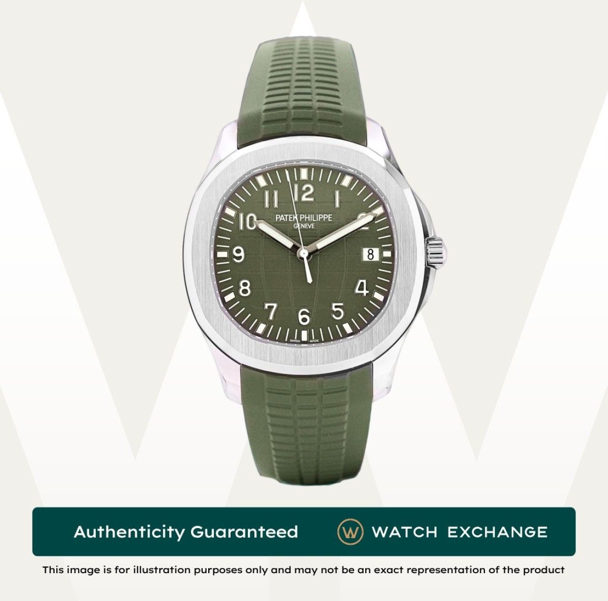 [Mint] Patek Philippe Aquanaut Jumbo Strap 5168G-010 5168G PP Khaki Green Dial Z29297 Apr 2025 (Category: Watches) located in Singapore. Submitted by watchexchange.sg (Listing ID 1465442801, Image 1). Description: [Mint] Patek Philippe Aquanaut Jumbo Strap 5168G-010 5168G PP Khaki Green Dial Z29297 Apr 2025 Price: $131,800 Brand: Patek Philippe Model: 5168G-010 Condition: Mint Dial: Khaki Green Case Diameter: 42.2mm Material: White Gold Original 
