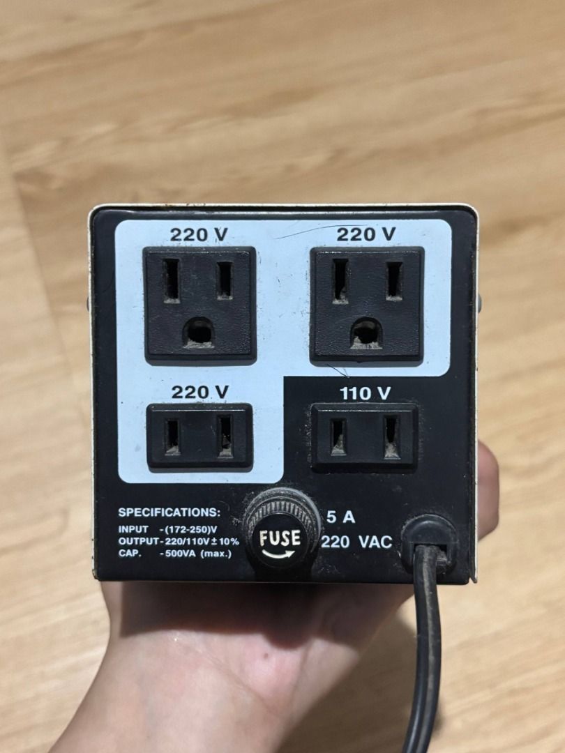 MITSUI 500VA Computer AVR Voltage Regulator (Category: Electrical, Adaptors & Sockets) located in Rizal. Submitted by jjszenn (Listing ID 1465512711, Image 2). Description: Mitsui 500VA Computer AVR Voltage Regulator MAY BAWAS OR PRICE NEGOTIABLE SA SURE BUYER. - Capacity: 500VA max capacity - Voltage Input: 172V to 250V - Voltage Output: 220V (3 outlets) and 110V (1 outlet) - Front Panel: Analog voltmeter, power switch, and indicator light - Rea