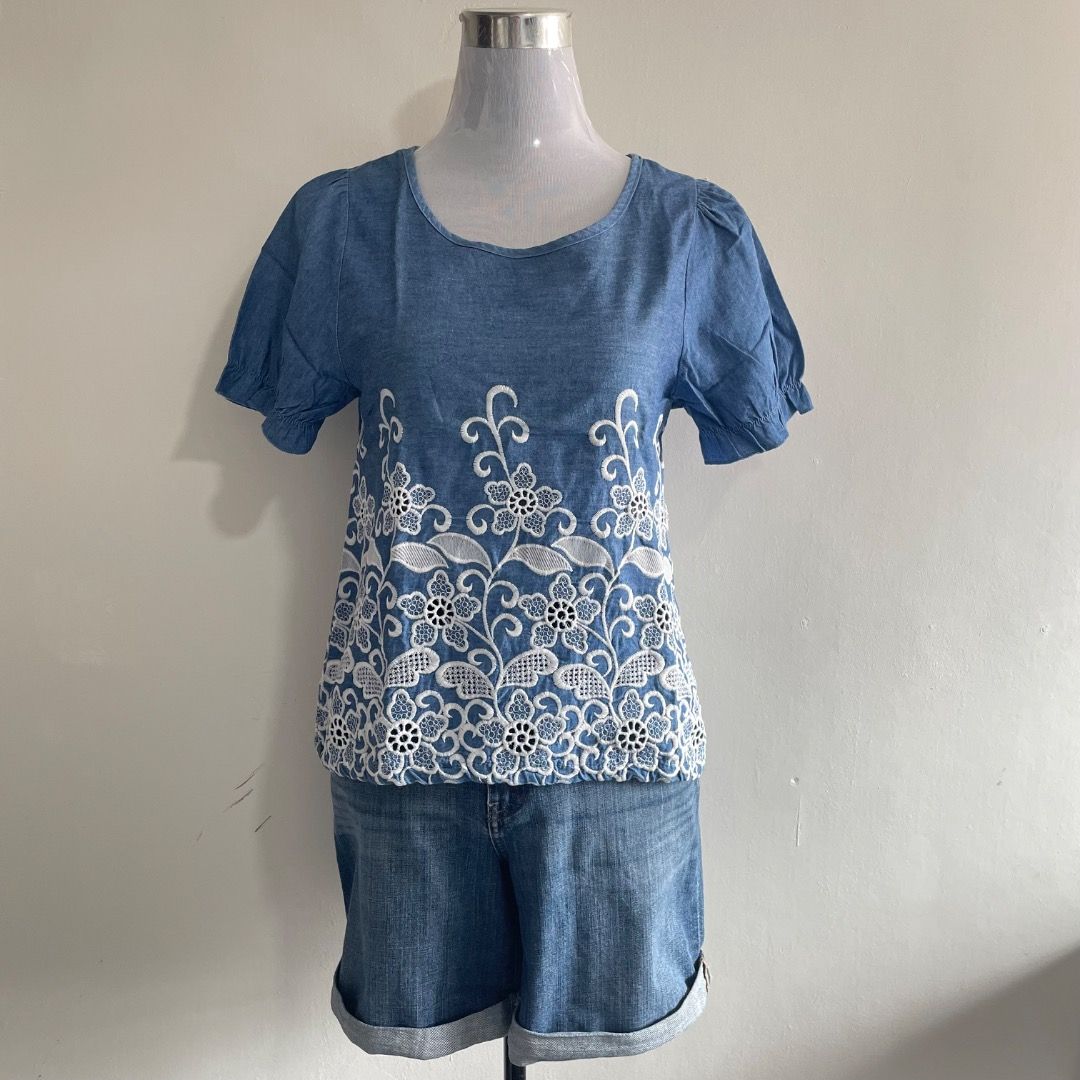 M-L Puff Soft Denim & Embroidered Tops (Category: Blouses) located in Bacolor. Submitted by chicn_classy (Listing ID 1465493641, Image 1). Description: .