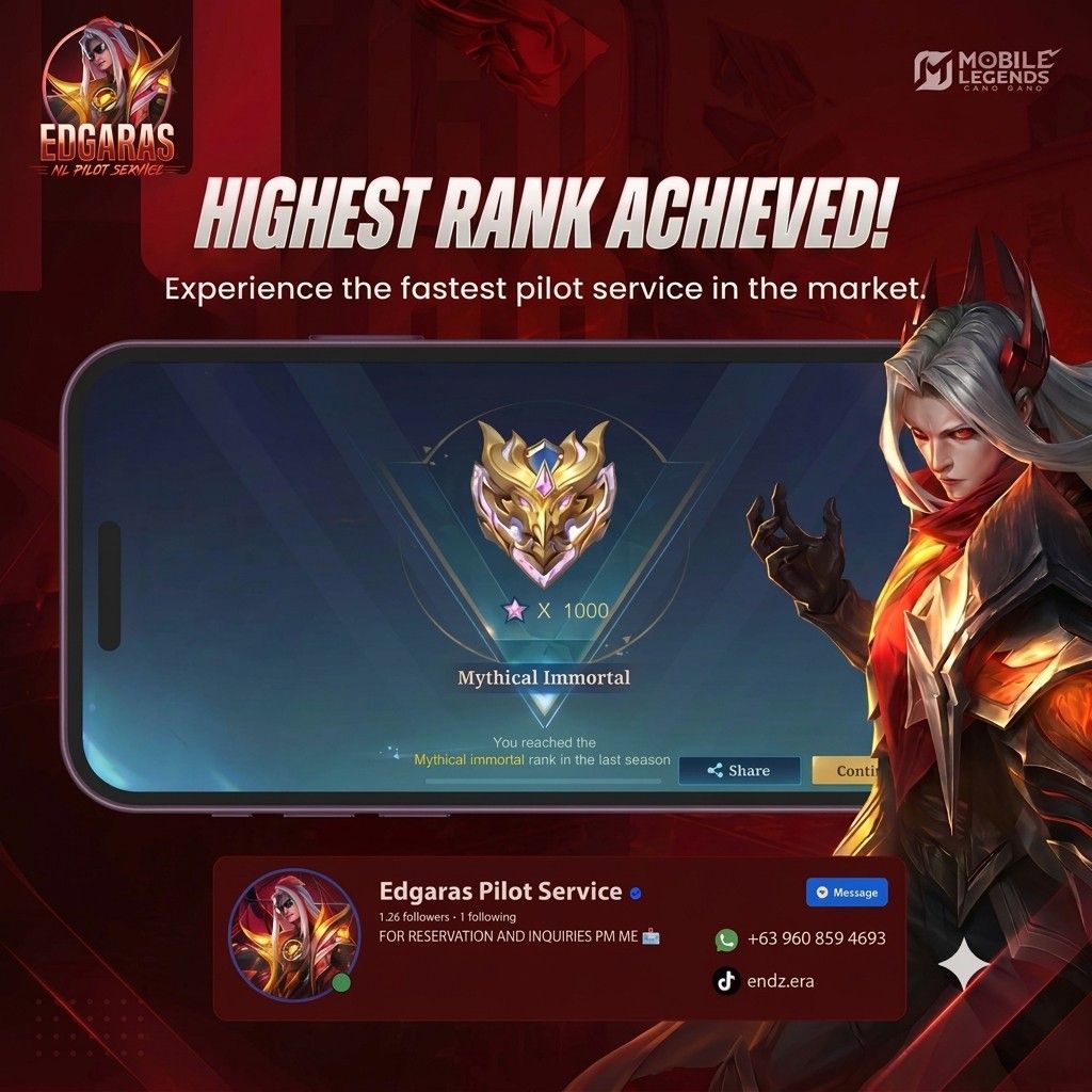 MOBILE LEGENDS PILOT SERVICE (S42) (Category: Others) located in Cebu City. Submitted by edgaras67 (Listing ID 1465508584, Image 2). Description: ‎Struggling to rank up?😞Don’t worry—Edgaras Ml Pilot Service is here to help! W𝘦 𝘰𝘧𝘧𝘦𝘳: 🔥 𝘍𝘳𝘦𝘦 𝘢𝘥𝘥𝘪𝘵𝘪𝘰𝘯𝘢𝘭 5 𝘴𝘵𝘢𝘳⭐ 🔥 10% 𝘥𝘪𝘴𝘤𝘰𝘶𝘯𝘵 𝘧𝘰𝘳 𝘧𝘪𝘳𝘴𝘵 𝘪𝘯𝘲𝘶𝘪𝘳𝘦 🔥 𝘍𝘳𝘦𝘦 𝘴𝘱𝘢𝘮 𝗪𝗛𝗬 𝗖𝗛𝗢𝗢𝗦𝗘 𝗨𝗦? ‎📍𝘍𝘢𝘴𝘵 Process ‎📍𝘚𝘦𝘤𝘶𝘳𝘦𝘥 𝘈𝘤𝘤𝘰𝘶𝘯𝘵 ‎📍100%