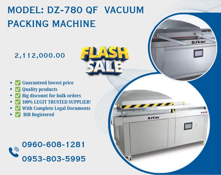 Model: DZ-780 QF Vacuum Packing Machine (Category: Everything Else Others) located in Caloocan City. Submitted by acergollem65014 (Listing ID 1465426660, Image 1). Description: DZ-780 QF with 100 m3/h vacuum pump Machine ●Model: DZ-780 ●Vacuum Chamber ( m³ ): 100/200/300 ●Power (kw0: 5.5 ●Production Cycle ( times/min): 2-3 ●Vacuum Chamber Dimensions (mm): 960*930*280 ●Gross Weight(kg): 670 ●Net Weight(kg): 571 ●Shipping Dimensions (mm): 2500*1300