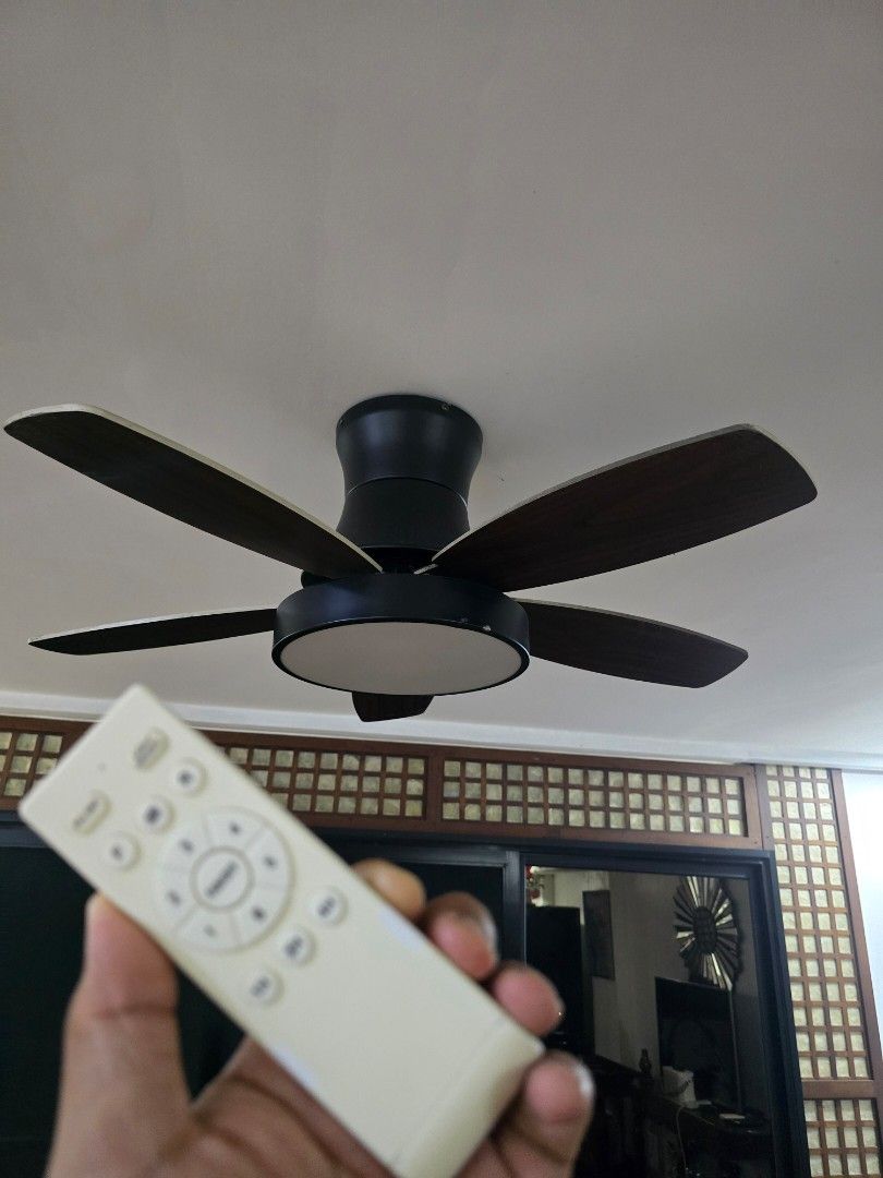 Modern 5-Blade Ceiling Fan with LED Light & Remote Control (Category: Fans) located in Pasig City. Submitted by lancevinola (Listing ID 1465508463, Image 1). Description: Modern 5-blade ceiling fan featuring a sleek matte black housing, dark wood-look blades, integrated circular LED light, and remote control. Clean contemporary design that works well in living rooms, bedrooms, dining areas, or other indoor spaces. • 5-blade ceiling fan • Dark woo
