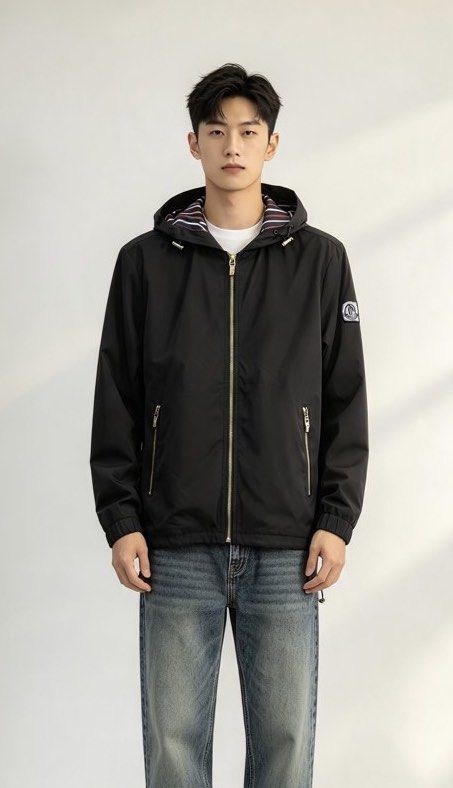 Moncler Hooded Zip Jacket Black Striped Lining (Category: Coats, Jackets and Outerwear) located in Paranaque City. Submitted by preluxeshop_ph (Listing ID 1465549357, Image 1). Description: Moncler Hooded Zip Jacket Black Striped Lining - Color: Black with signature navy, red, and white striped lining - Hardware: Premium gold-tone with functional front zipper pockets - Features: Adjustable drawstring on both the hem and hood - Branding: Classic M