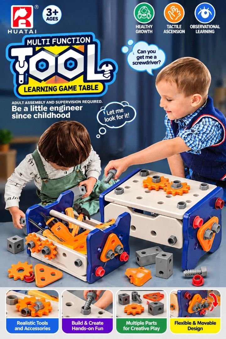 Multi Function Tool Learning Game Table (Category: Educational & Learning Toys) located in Kuala Lumpur. Submitted by marche_de_madame (Listing ID 1465442737, Image 1). Description: - Brand/Model: Huatai Multi-Function Tool Learning Game Table - Recommended Age: 3 years and above - Includes: Realistic tools, gears, screws, nuts, and building blocks - Key Benefits: Promotes tactile skills, observational learning, and healthy development - Features