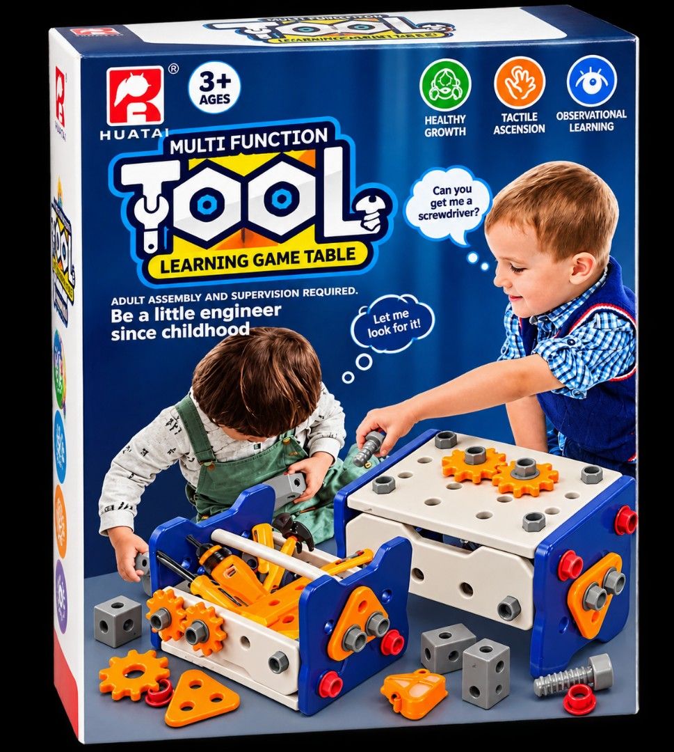 Multi Function Tool Learning Game Table (Category: Educational & Learning Toys) located in Kuala Lumpur. Submitted by marche_de_madame (Listing ID 1465442737, Image 2). Description: - Brand/Model: Huatai Multi-Function Tool Learning Game Table - Recommended Age: 3 years and above - Includes: Realistic tools, gears, screws, nuts, and building blocks - Key Benefits: Promotes tactile skills, observational learning, and healthy development - Features