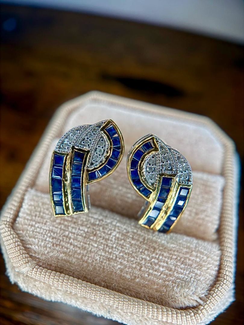 NATURAL MADAGASCAR SAPPHIRE & DIAMOND EARRINGS (Category: Earrings) located in Baguio. Submitted by asna_taku (Listing ID 1465466659, Image 1). Description: 💙✨ NATURAL MADAGASCAR SAPPHIRE & DIAMOND EARRINGS ✨💎 A striking statement pair featuring 32 square-cut natural blue sapphires arranged in an elegant, sculptural design, beautifully accented with numerous round-cut natural diamonds. 💙 📜 With AGA Jewelry Identification Certificate 💙 Natura