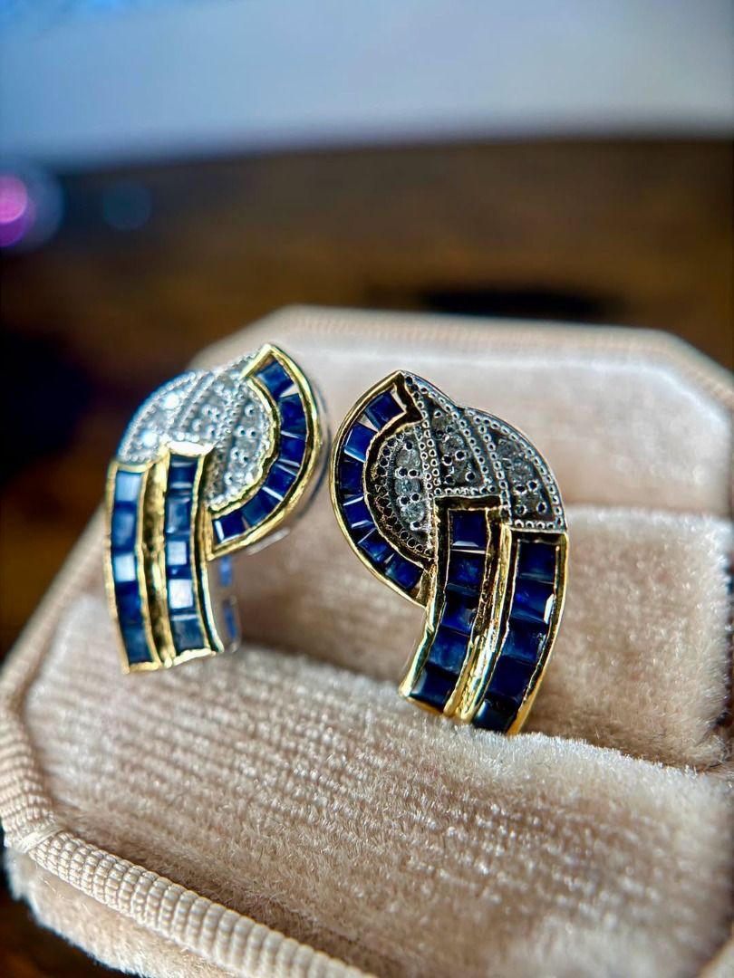 NATURAL MADAGASCAR SAPPHIRE & DIAMOND EARRINGS (Category: Earrings) located in Baguio. Submitted by asna_taku (Listing ID 1465466659, Image 3). Description: 💙✨ NATURAL MADAGASCAR SAPPHIRE & DIAMOND EARRINGS ✨💎 A striking statement pair featuring 32 square-cut natural blue sapphires arranged in an elegant, sculptural design, beautifully accented with numerous round-cut natural diamonds. 💙 📜 With AGA Jewelry Identification Certificate 💙 Natura