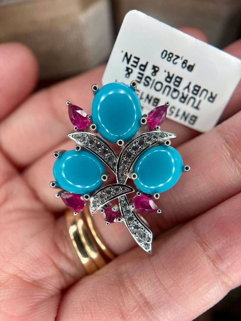 Natural Turquoise & Ruby Brooch / Pendant (Category: Body Jewelry) located in Baguio. Submitted by asna_taku (Listing ID 1465474171, Image 3). Description: 💎 Natural Turquoise & Ruby Brooch / Pendant A striking piece for collectors who love bold natural gemstone jewelry. ✨ 💙 Natural Turquoise ❤️ Natural Ruby accents ✨ Brand new 925 Sterling Silver setting 🔄 Wear it as a brooch or pendant 📦 2 pcs available: 1❌ 1✅ The vibrant turquoise paired w