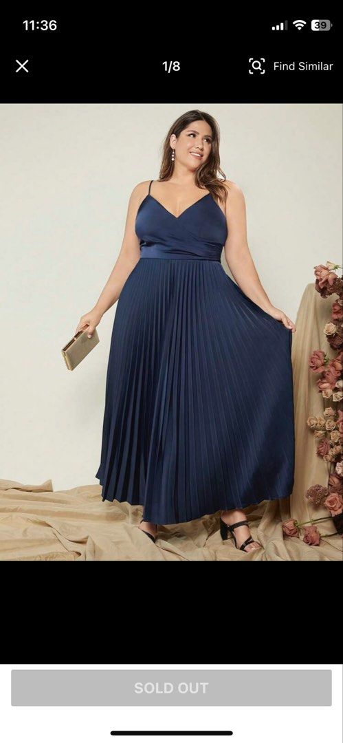 Plus Size Navy Blue Pleated Formal Evening Dress (Category: Evening dresses & gowns) located in Las Pinas. Submitted by archivedfinds (Listing ID 1465527768, Image 1). Description: Navy blue maxi dress with spaghetti straps and a v-neckline. Cross-over bodice with soft gathers at the waist. Long pleated skirt flows down to the ankles. Worn twice for an event, dry cleaned and ready to wear. Zipper closure on the side. Bust: 40-42” Waist: 33-35” RF