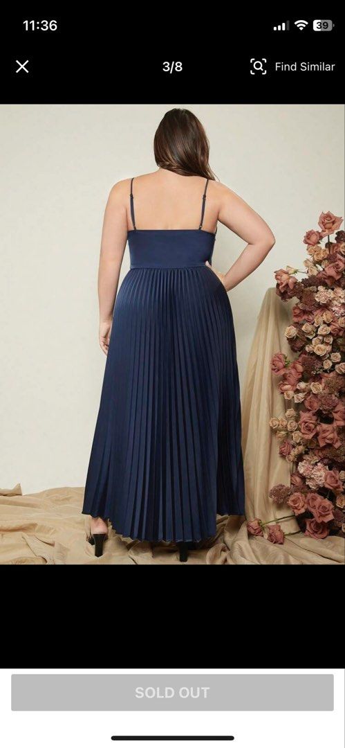 Plus Size Navy Blue Pleated Formal Evening Dress (Category: Evening dresses & gowns) located in Las Pinas. Submitted by archivedfinds (Listing ID 1465527768, Image 3). Description: Navy blue maxi dress with spaghetti straps and a v-neckline. Cross-over bodice with soft gathers at the waist. Long pleated skirt flows down to the ankles. Worn twice for an event, dry cleaned and ready to wear. Zipper closure on the side. Bust: 40-42” Waist: 33-35” RF