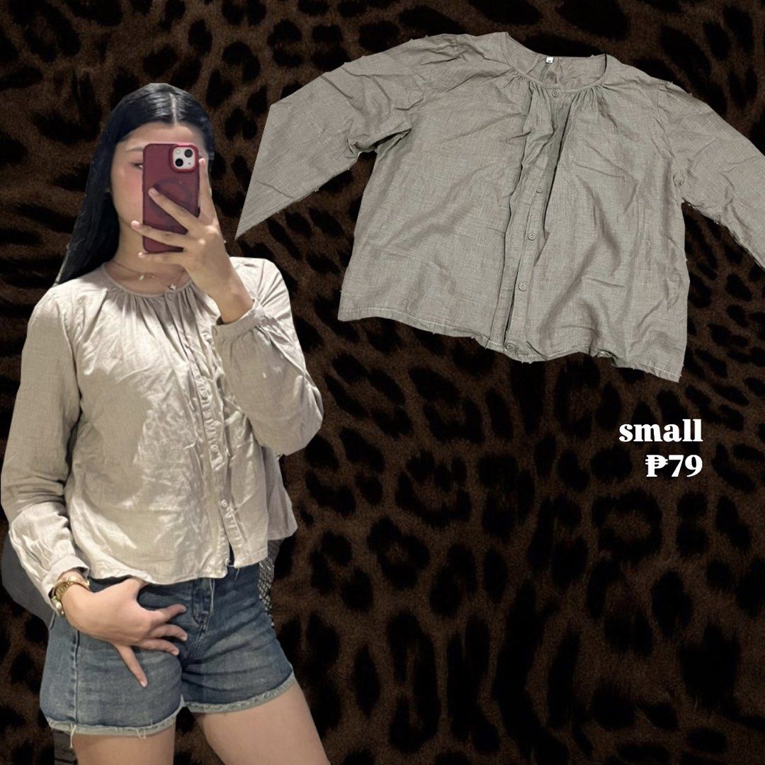Neutral Button-Down Blouse Long Sleeve Size Small (Category: Longsleeves) located in Tabaco. Submitted by kaisha_ (Listing ID 1465435170, Image 1). Description: - Color/Tone: Soft earthy neutral - Design: Pleated neckline with full front button placket - Sleeves: Long sleeves - Fit: Relaxed fit, fits size Small - Styling: Perfect to match with denim shorts or skirts.